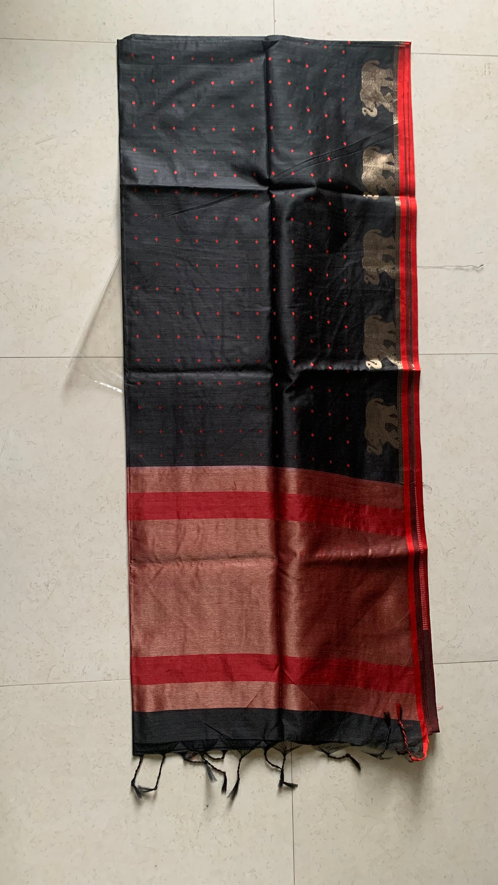Black Maheshwari Saree with Gold Elephant Motifs, Striped Border & Tassel Details