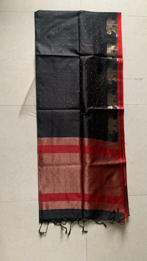 Black Maheshwari Saree with Gold Elephant Motifs, Striped Border & Tassel Details