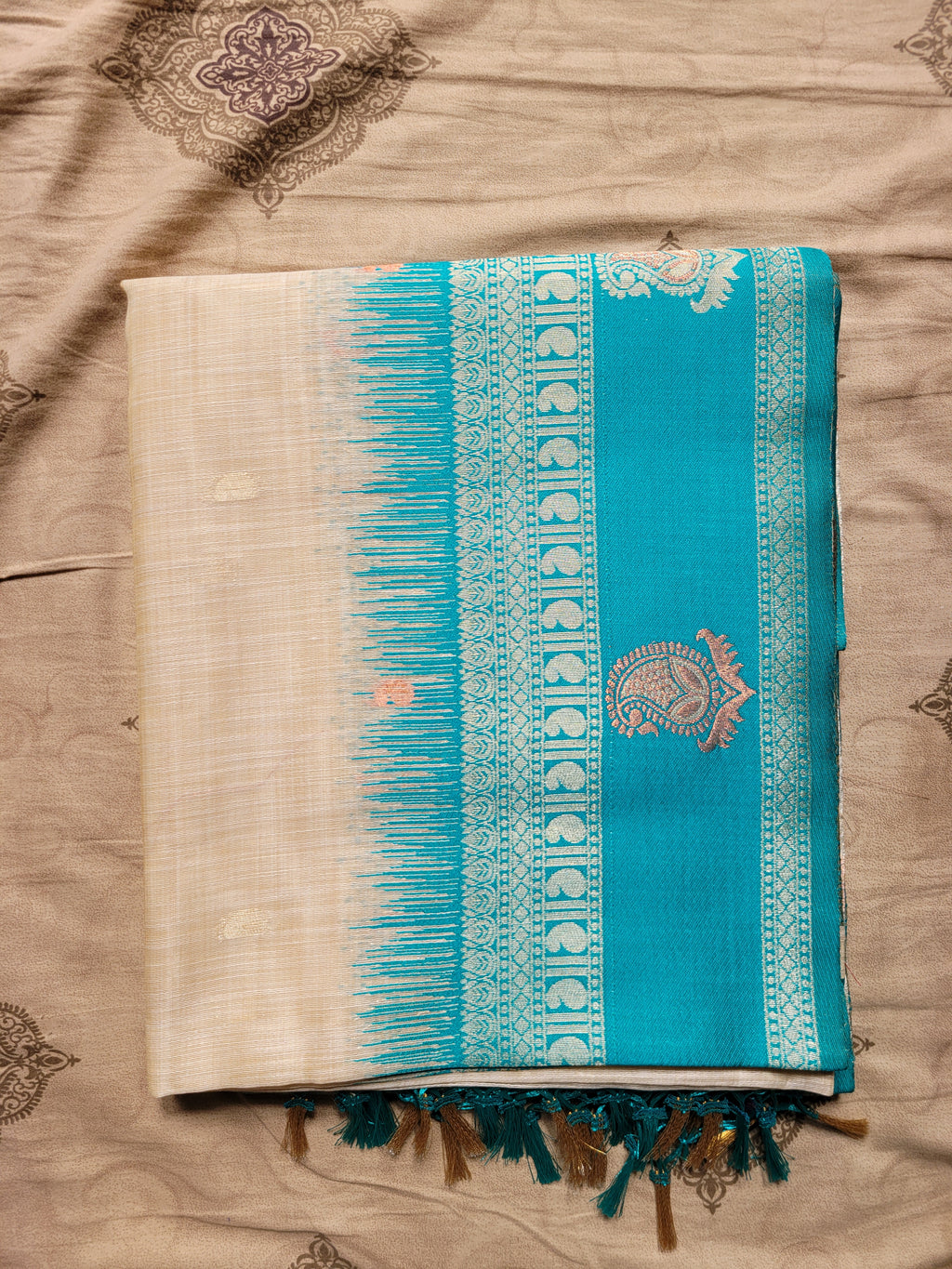 Turquoise Blue Linen Silk Kathpadar Saree with Paisley Zari Motifs