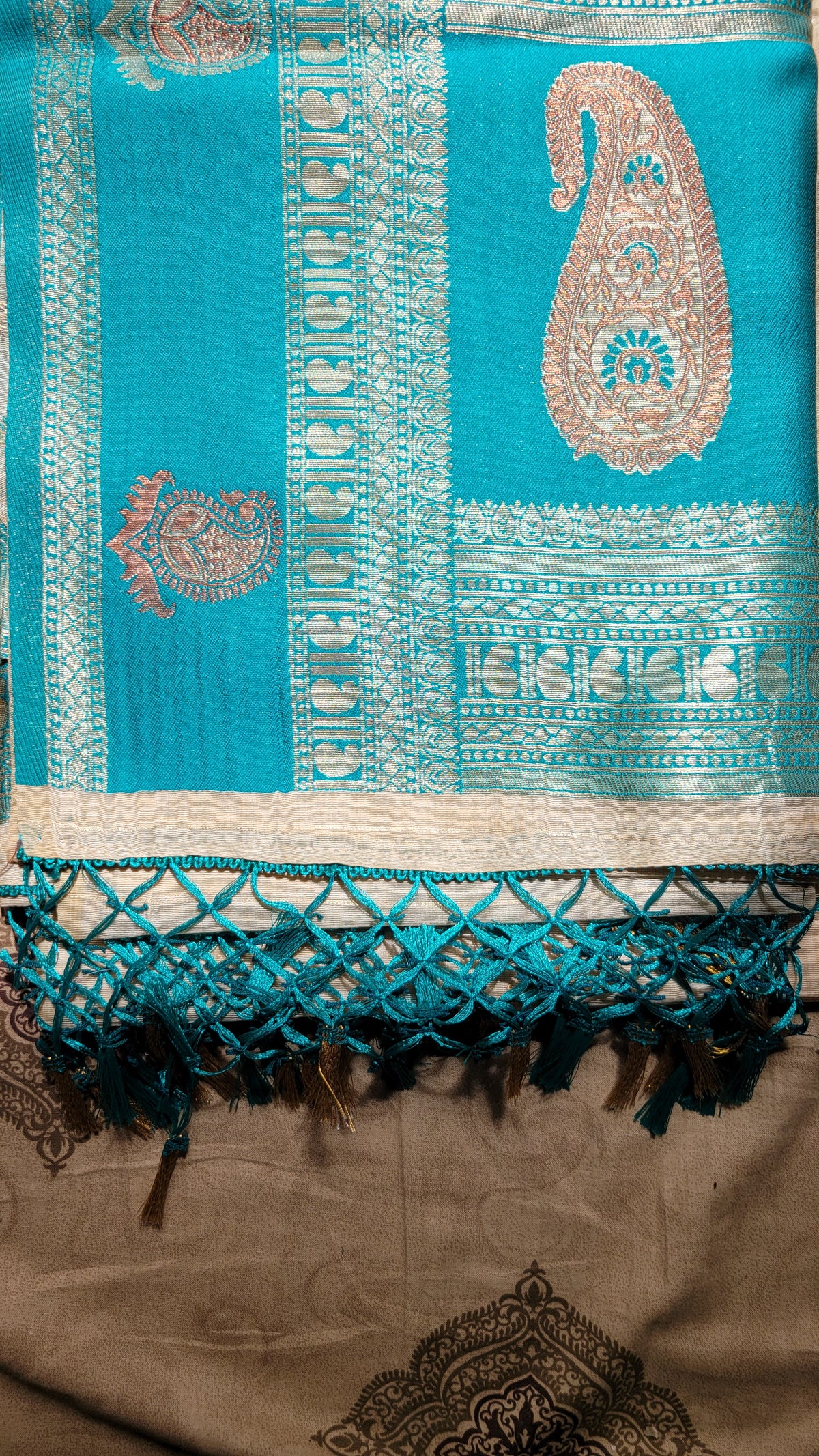 Turquoise Blue Linen Silk Kathpadar Saree with Paisley Zari Motifs