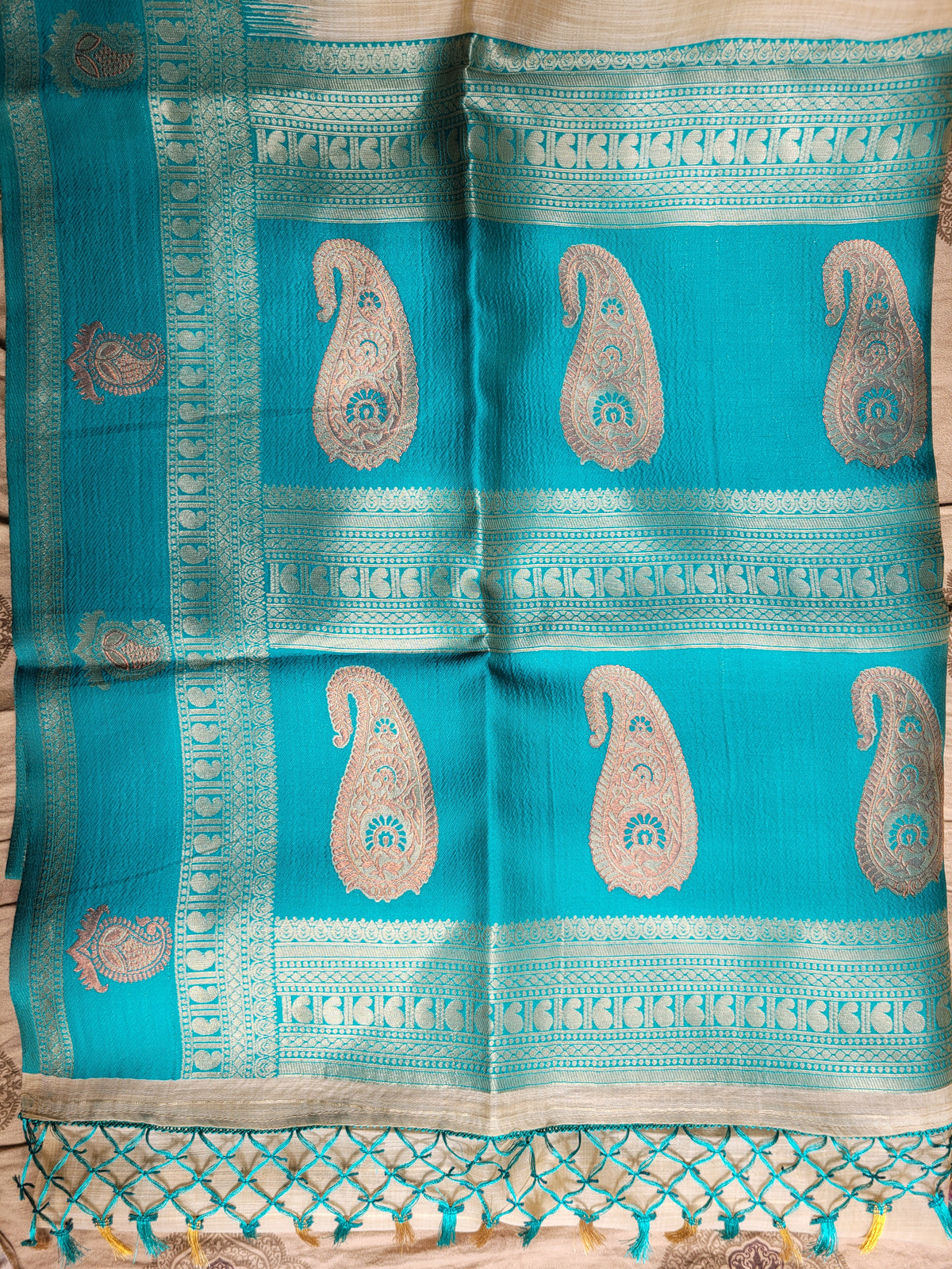 Turquoise Blue Linen Silk Kathpadar Saree with Paisley Zari Motifs