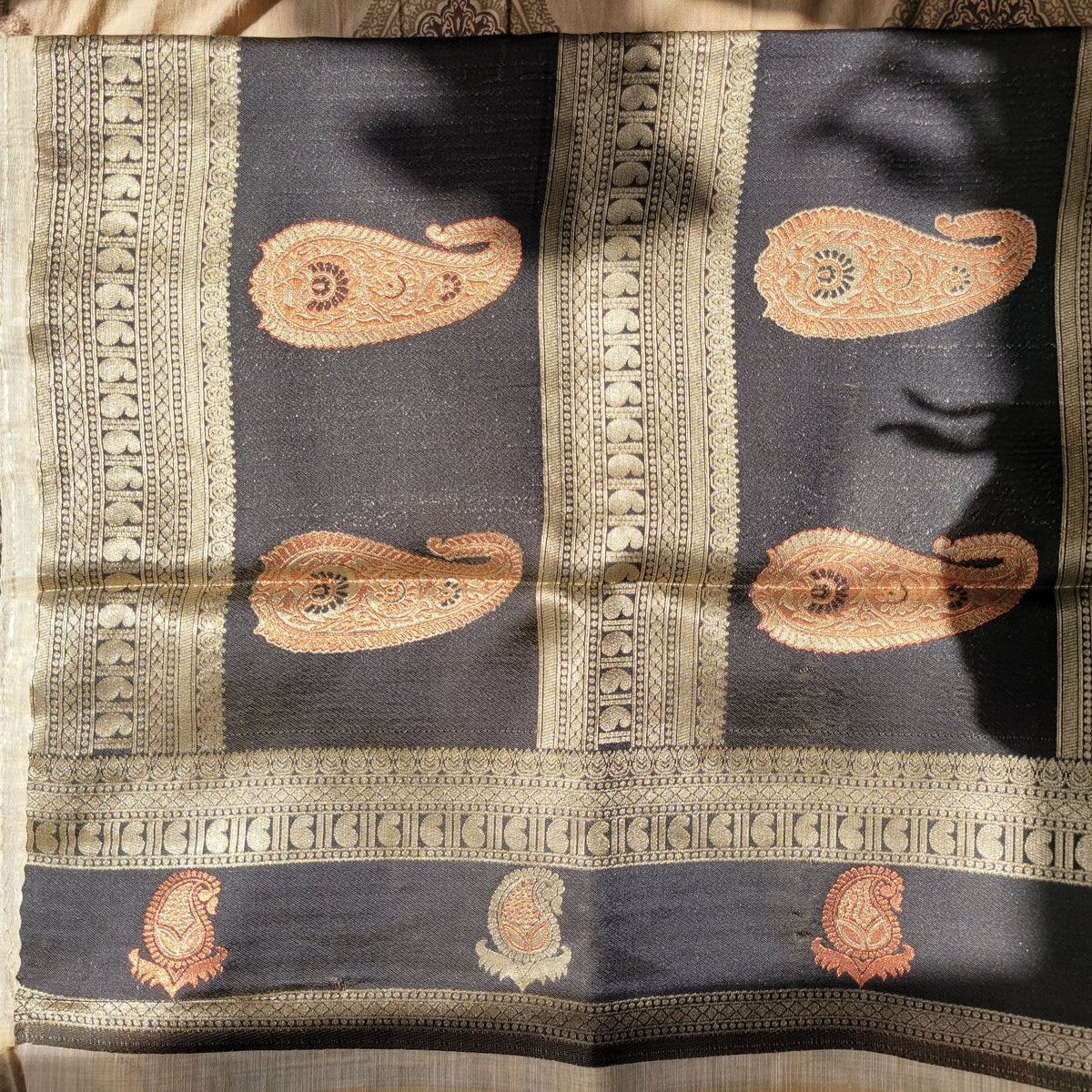 Black Kathpadar Linen Silk Saree with Paisley Motifs