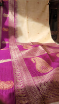 Cream & Magenta Saree with Paisley Motifs and Gold-Tone Border