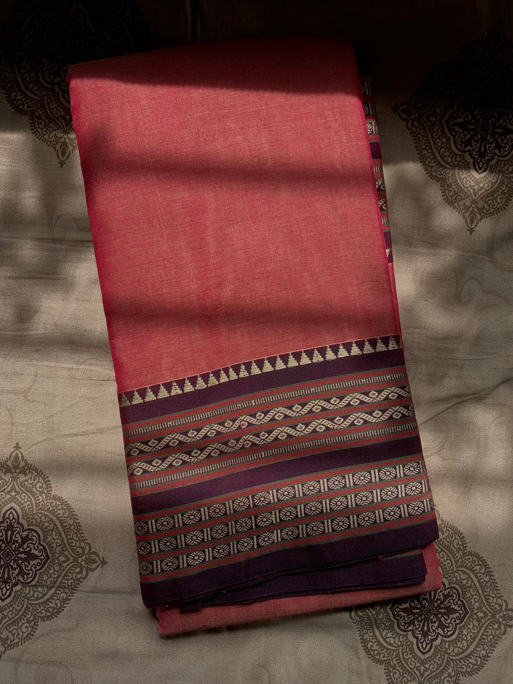 Pink Cotton-Silk Kathpadar Saree with Traditional Woven Border