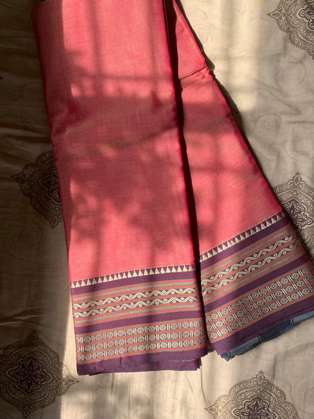 Pink Cotton-Silk Kathpadar Saree with Traditional Woven Border