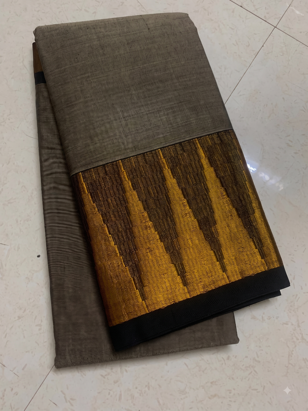 Grey Irikal Saree with Black & Gold Woven Border and Striped Pallu