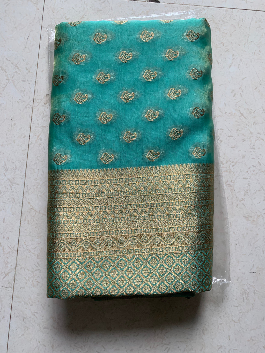 Turquoise & Gold Organza Designer Saree