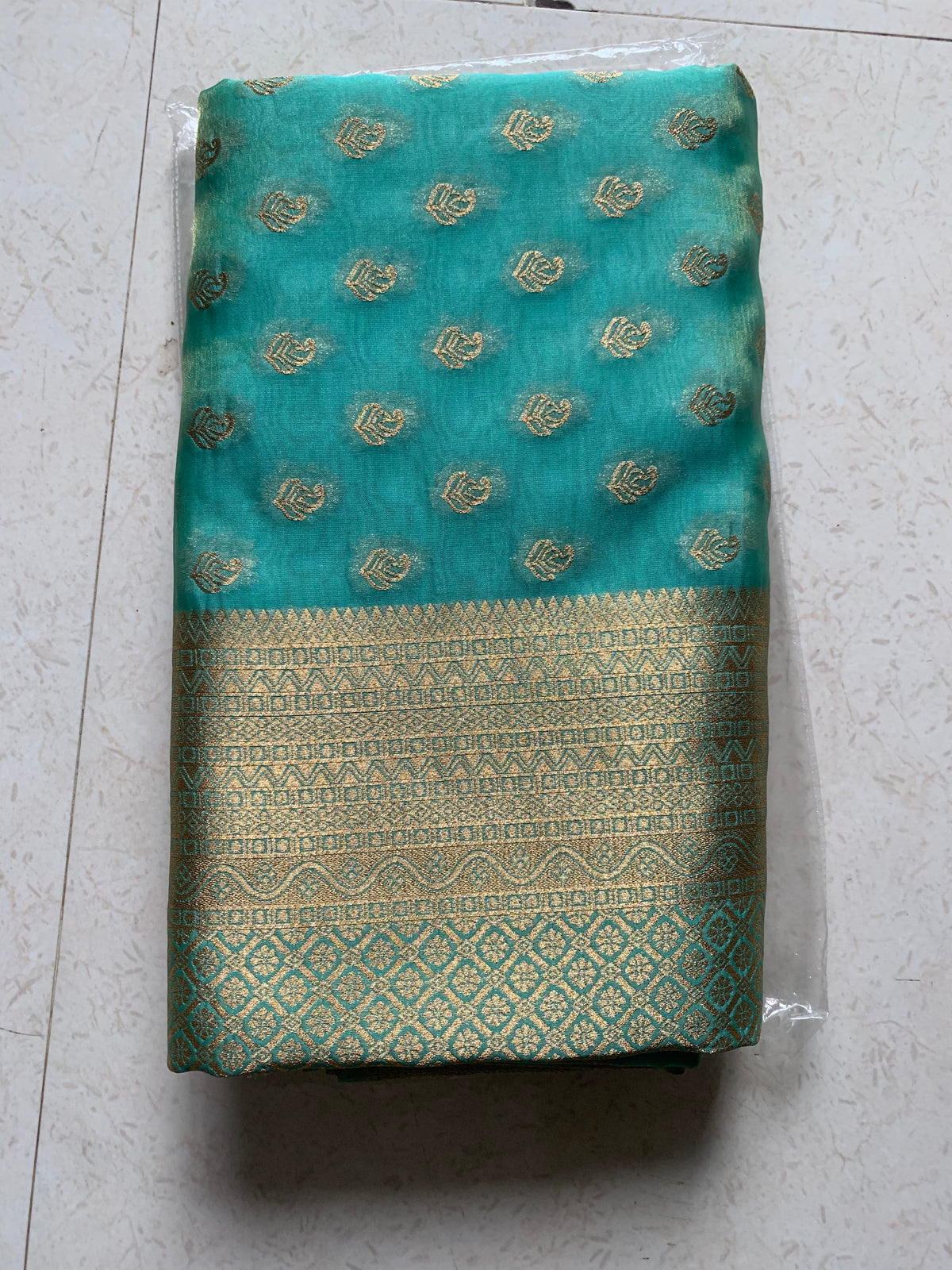 Turquoise & Gold Organza Designer Saree
