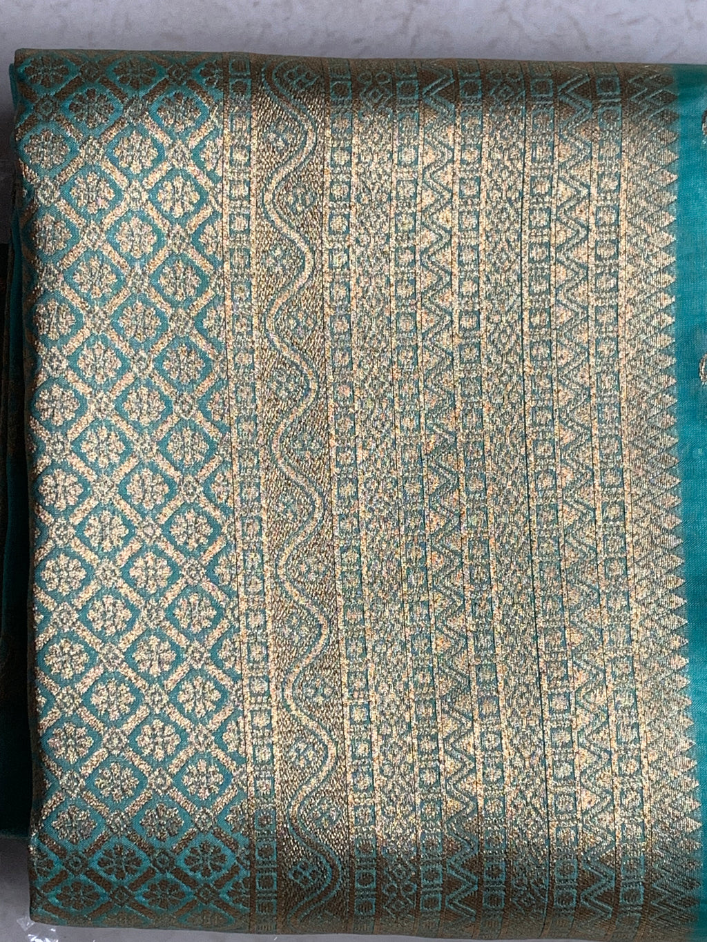 Turquoise & Gold Organza Designer Saree