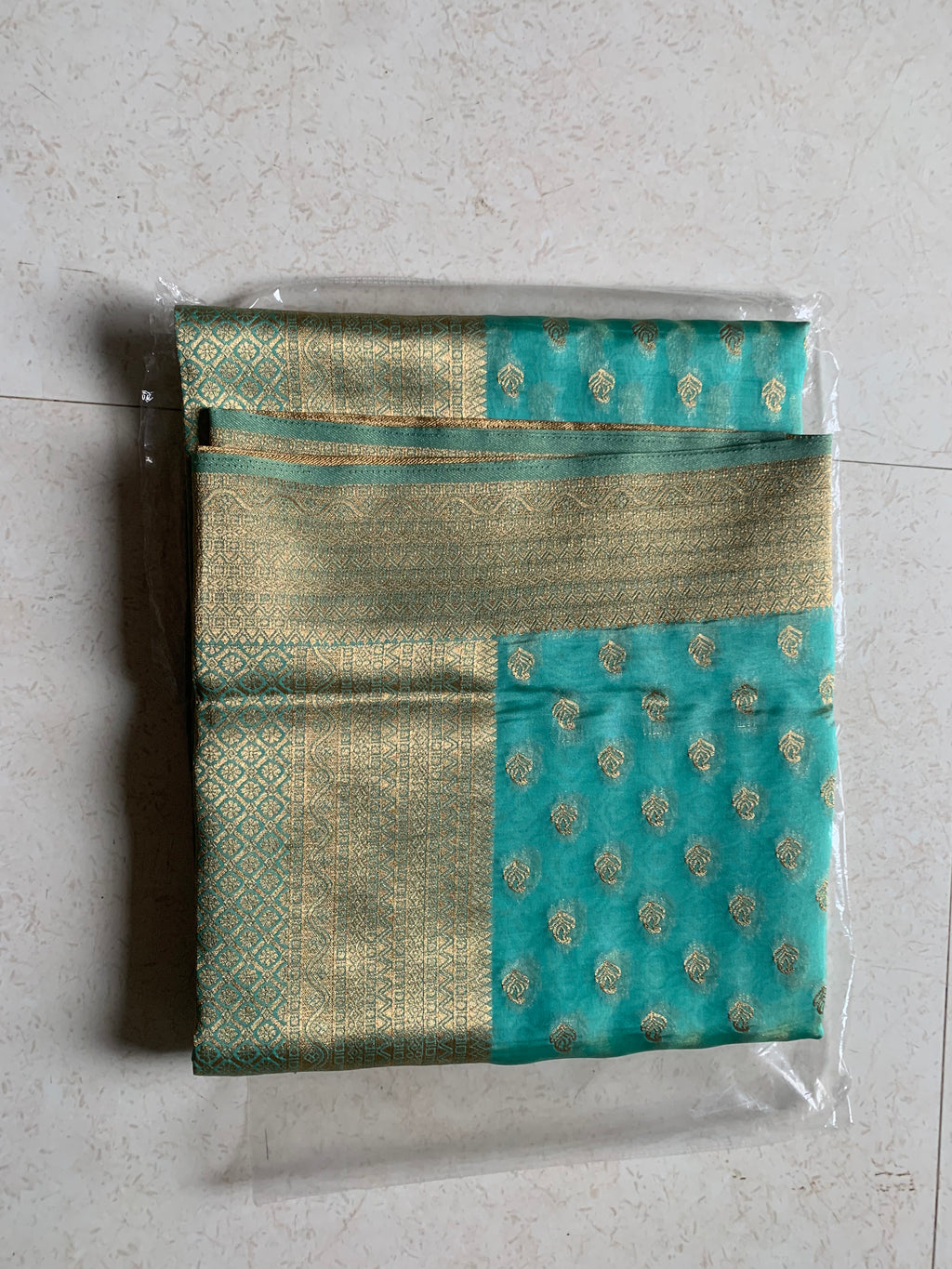 Turquoise & Gold Organza Designer Saree