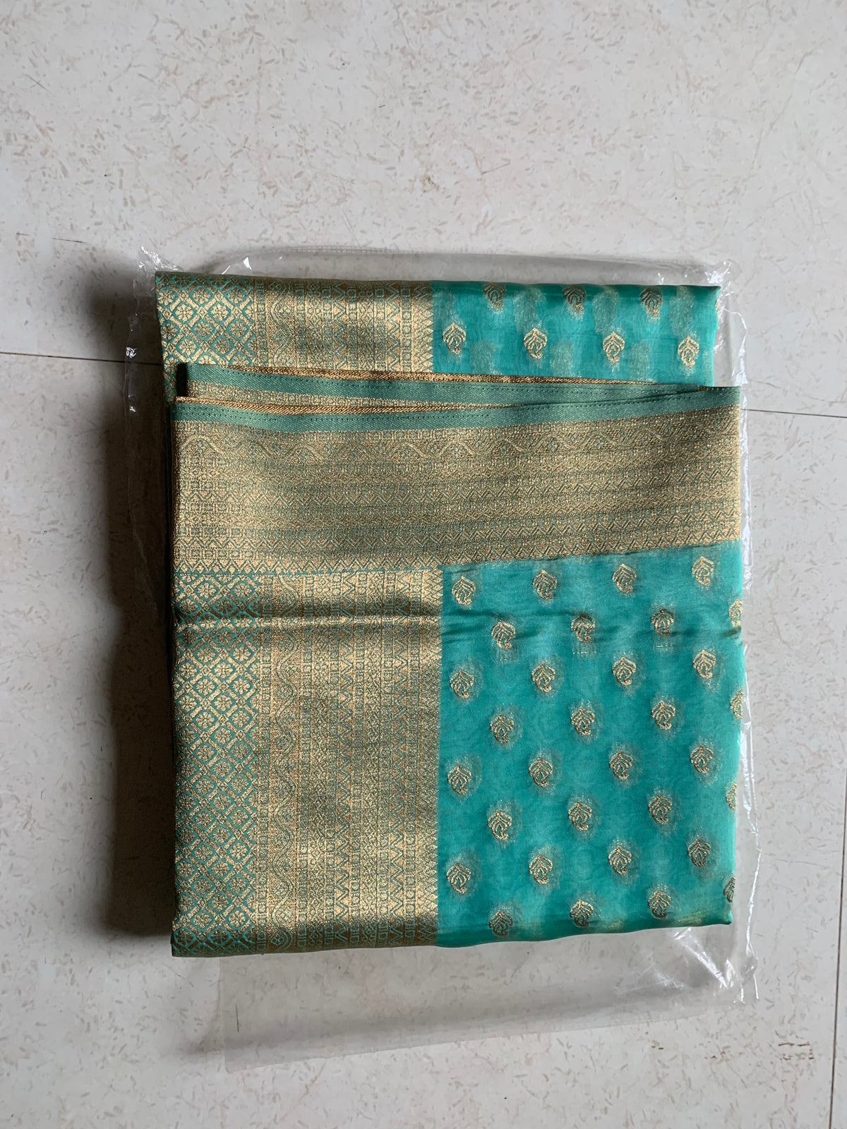 Turquoise & Gold Organza Designer Saree
