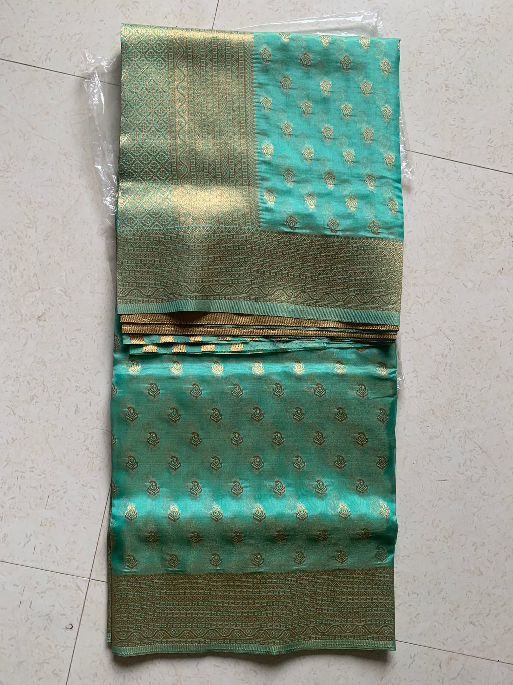 Turquoise & Gold Organza Designer Saree