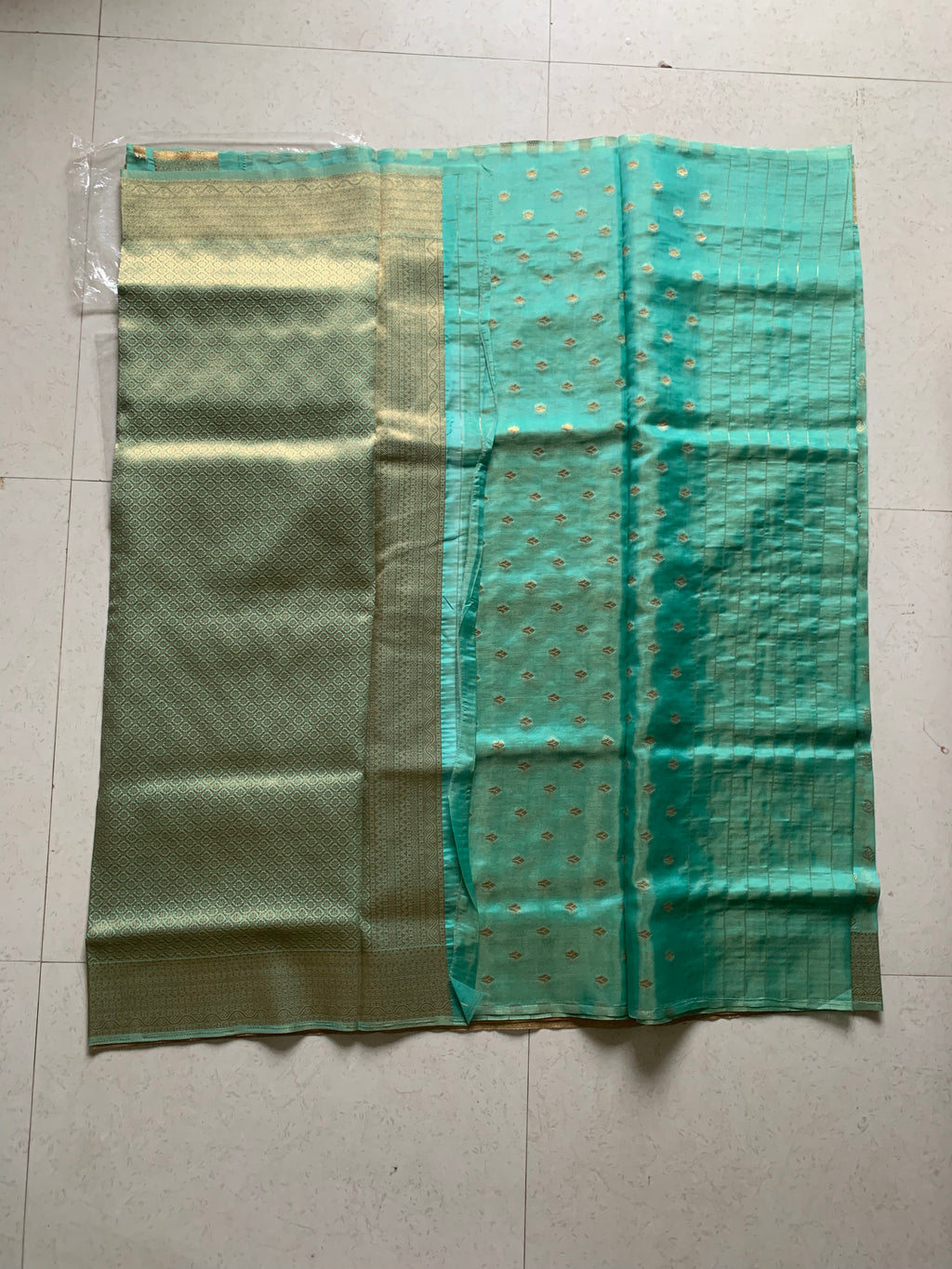 Turquoise & Gold Organza Designer Saree