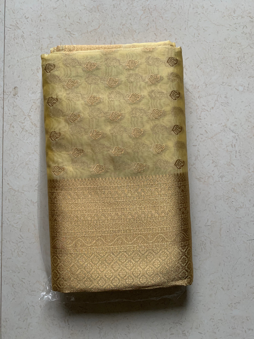 Golden Organza Designer Saree with Paisley Motifs and Intricate Patterned Border