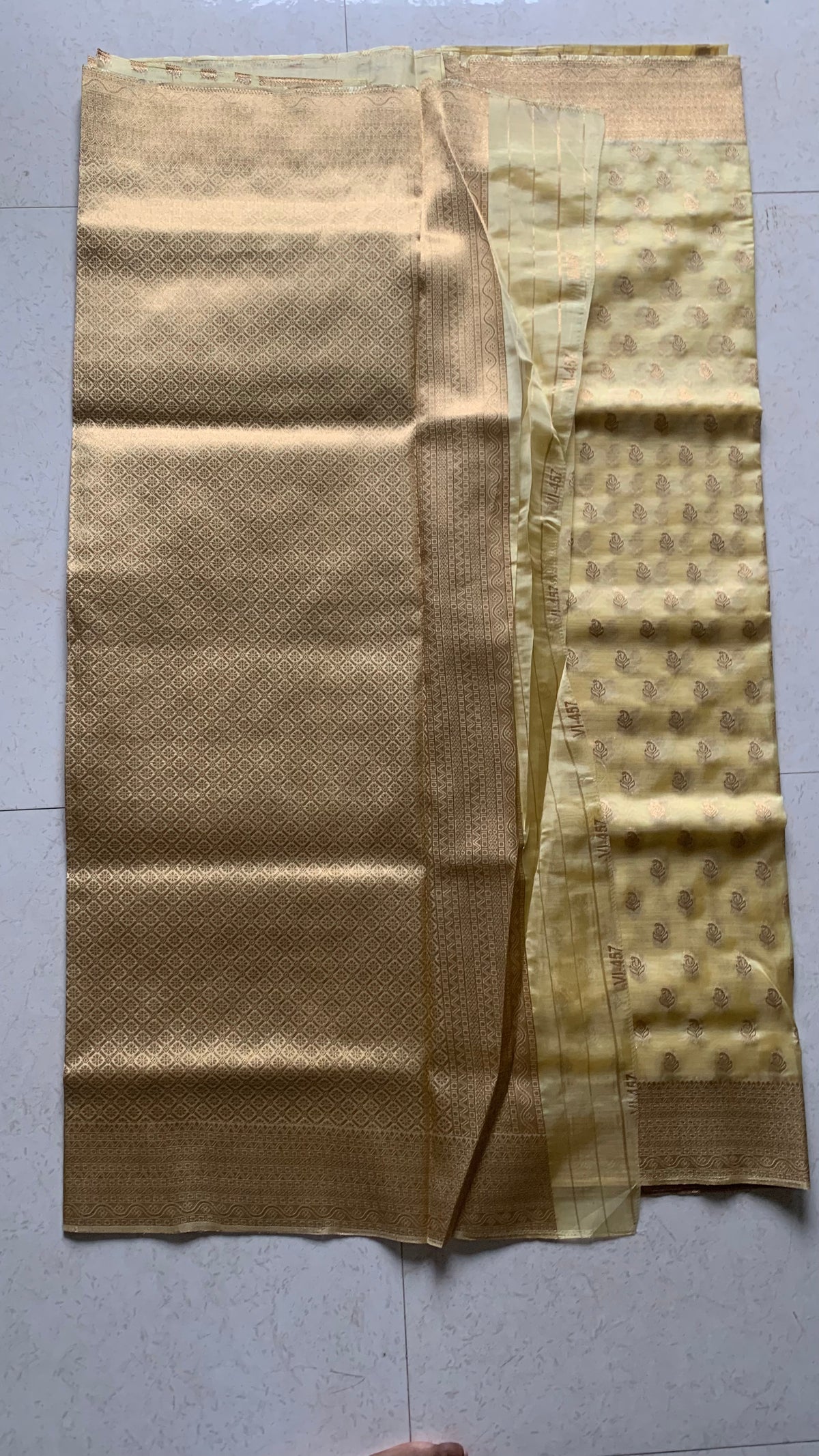 Golden Organza Designer Saree with Paisley Motifs and Intricate Patterned Border