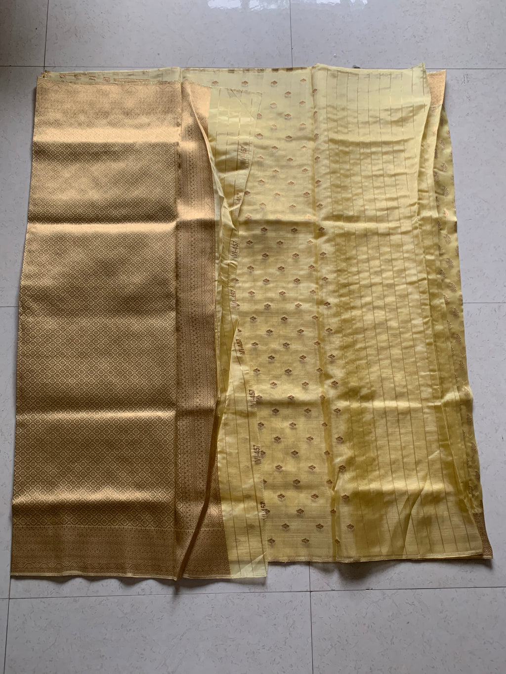 Golden Organza Designer Saree with Paisley Motifs and Intricate Patterned Border