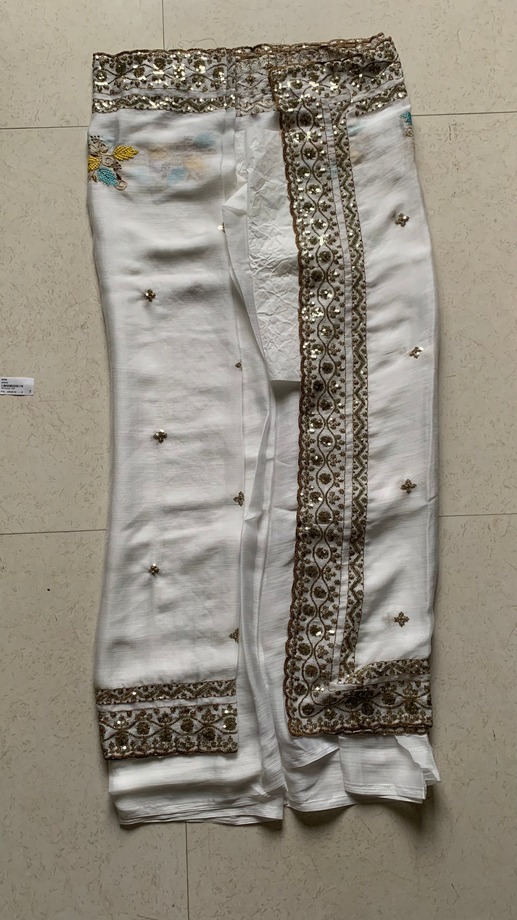 White Embroidered Georgette Saree with Gold Sequin Border & Multicolor Floral Motifs
