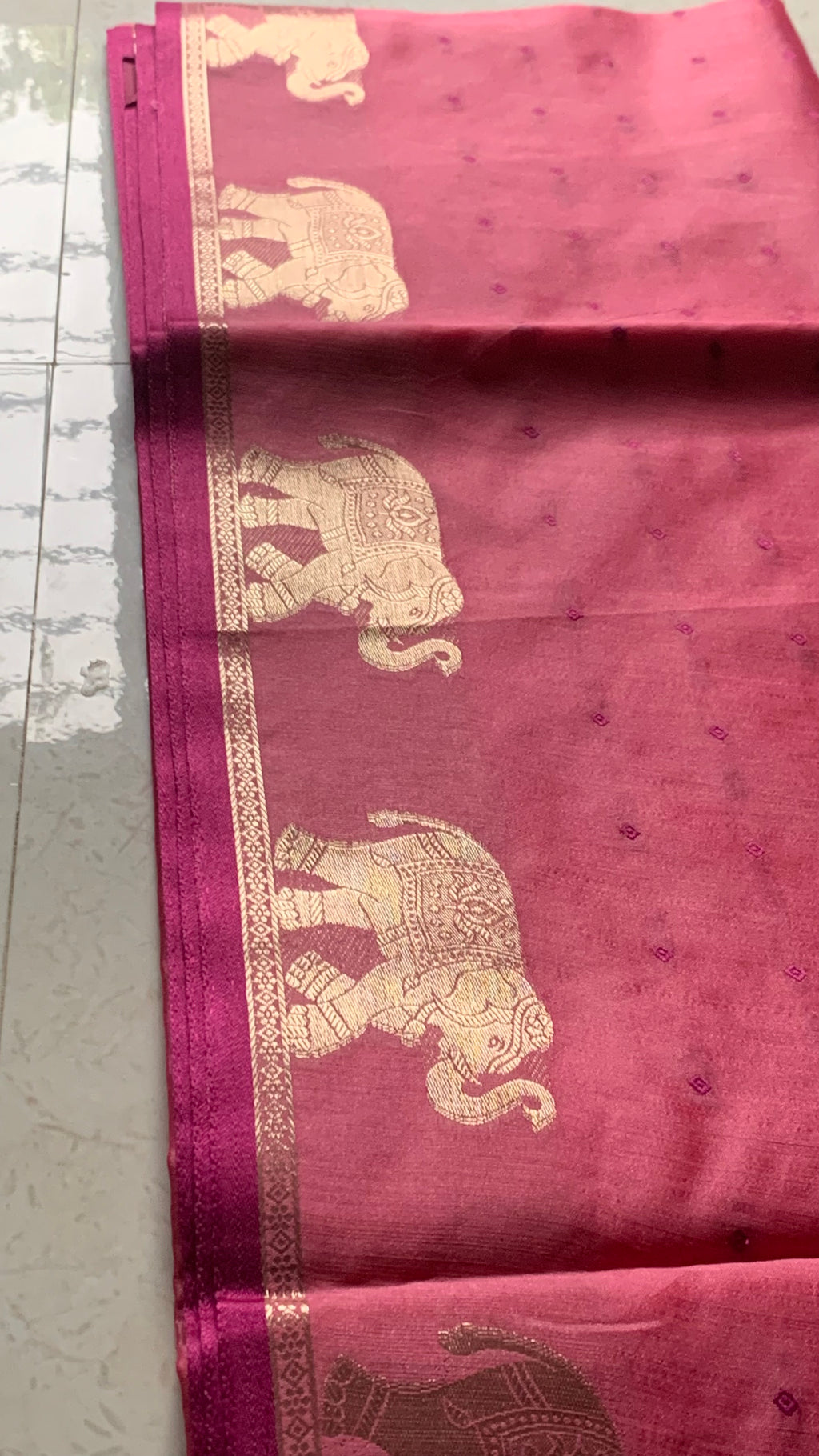 Pink Maheshwari Semi-Silk Saree with Gold Elephant Motifs & Woven Border