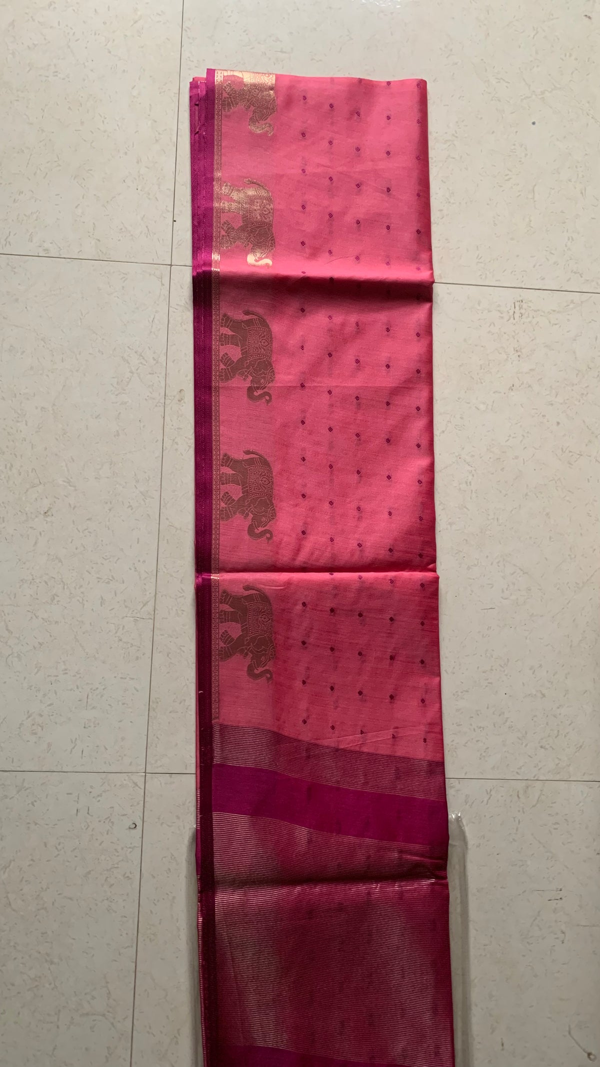 Pink Maheshwari Semi-Silk Saree with Gold Elephant Motifs & Woven Border