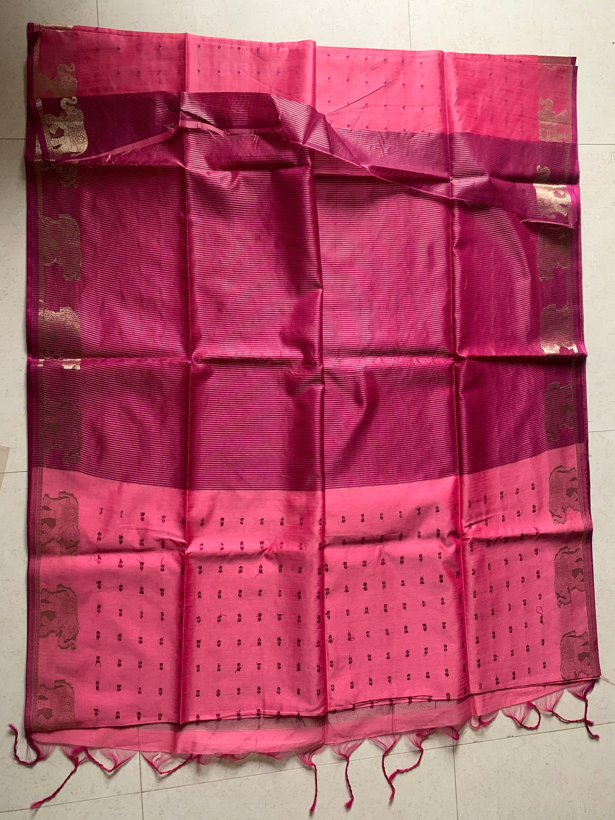 Pink Maheshwari Semi-Silk Saree with Gold Elephant Motifs & Woven Border