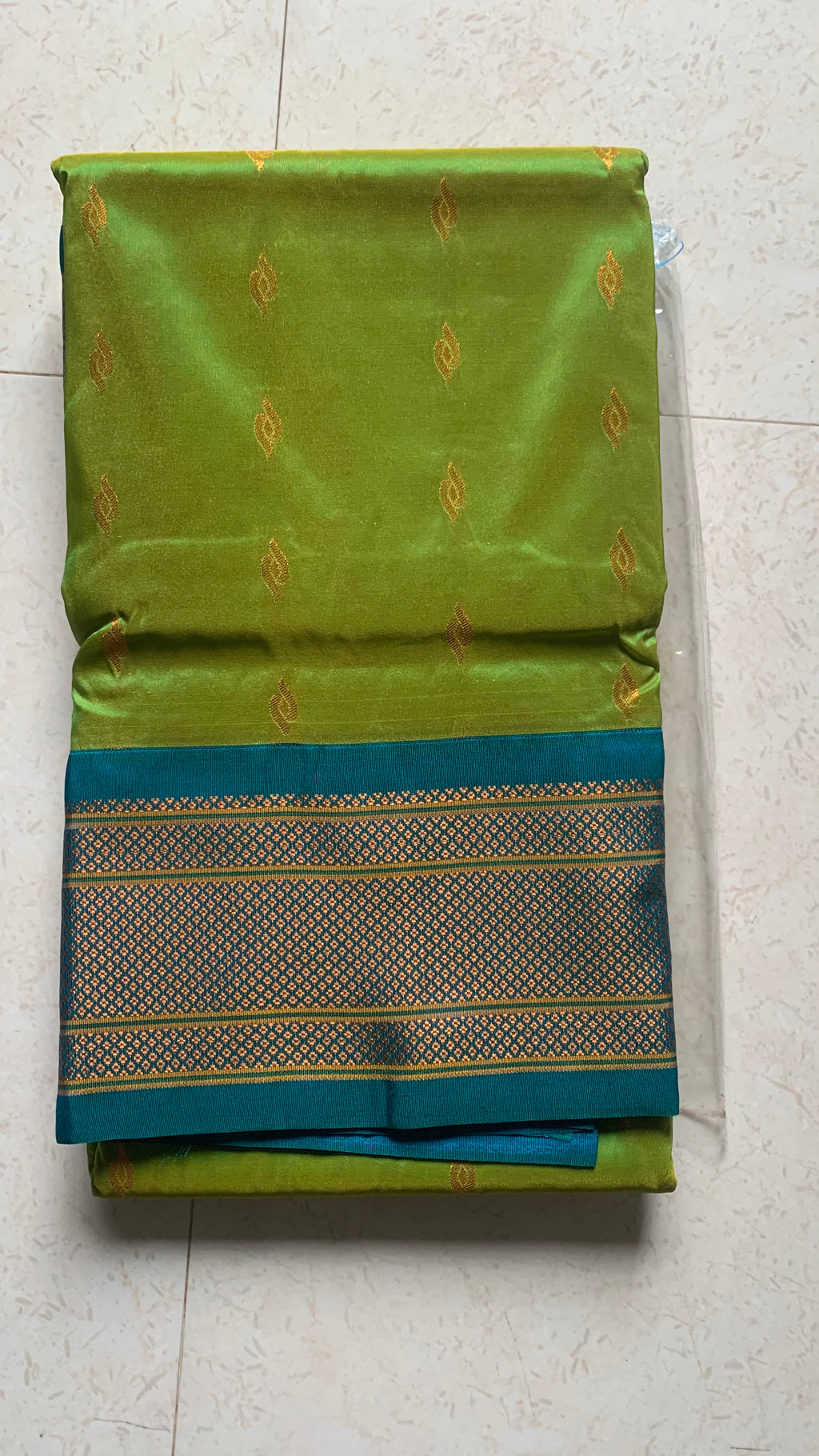 Green Silk Paithani Saree with Gold Motifs & Teal Woven Pallu