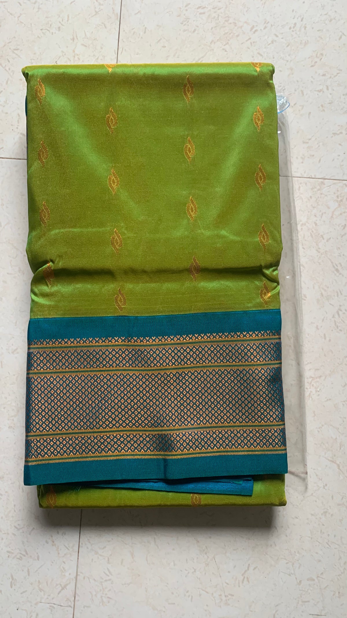 Green Silk Paithani Saree with Gold Motifs & Teal Woven Pallu