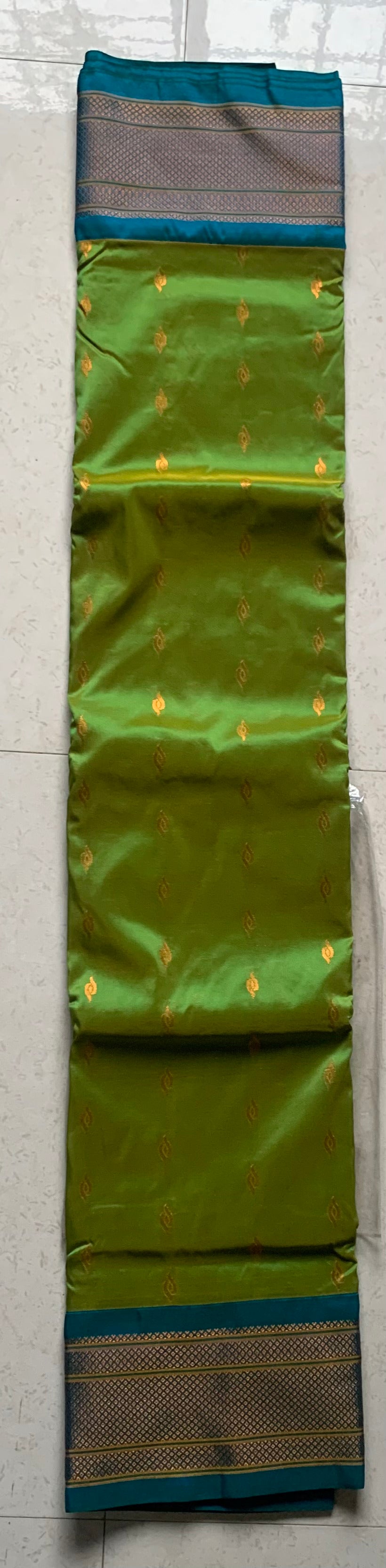 Green Silk Paithani Saree with Gold Motifs & Teal Woven Pallu
