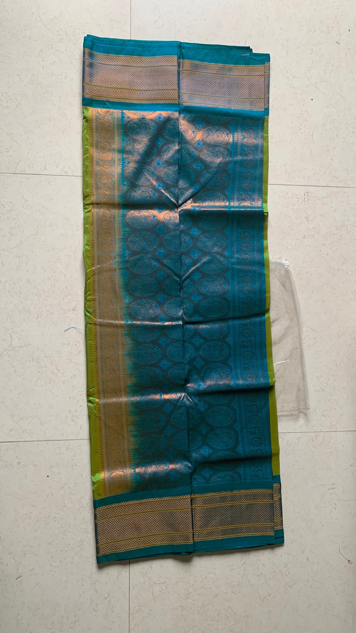 Green Silk Paithani Saree with Gold Motifs & Teal Woven Pallu