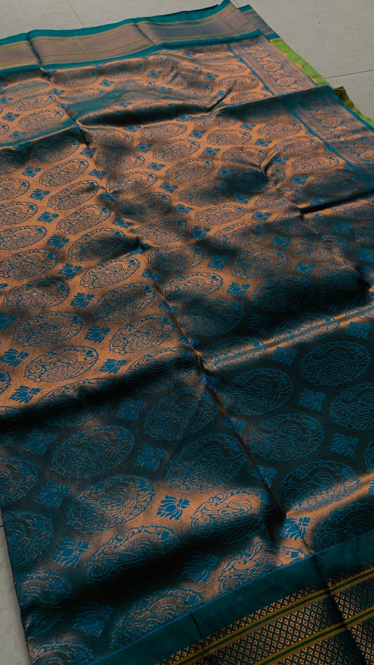 Green Silk Paithani Saree with Gold Motifs & Teal Woven Pallu