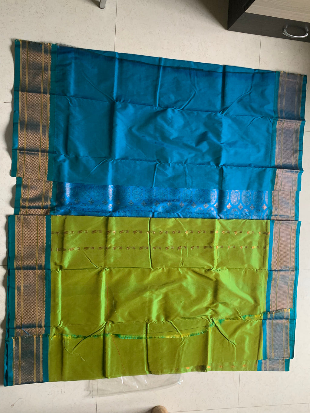 Green Silk Paithani Saree with Gold Motifs & Teal Woven Pallu