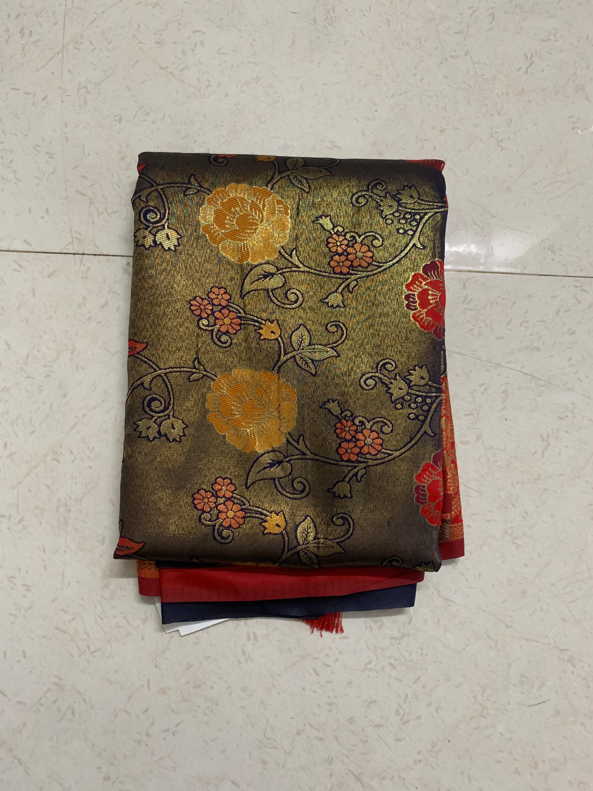 Red & Olive Green Floral Woven Kathpadar Silk Saree with Antique Gold Border