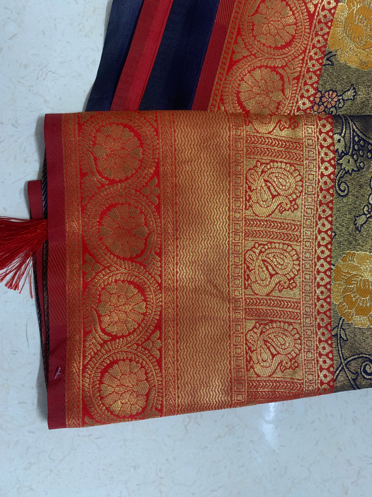 Red & Olive Green Floral Woven Kathpadar Silk Saree with Antique Gold Border