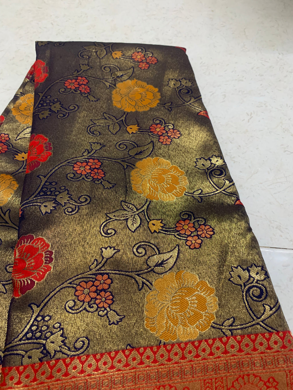 Red & Olive Green Floral Woven Kathpadar Silk Saree with Antique Gold Border