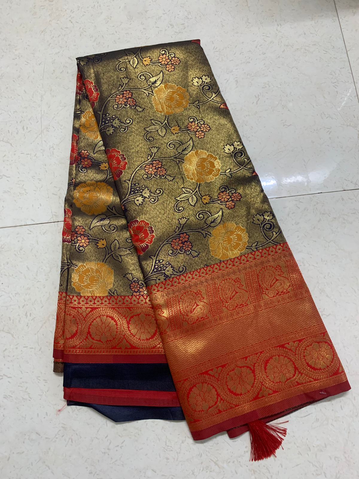 Red & Olive Green Floral Woven Kathpadar Silk Saree with Antique Gold Border