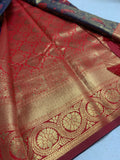 Red & Olive Green Floral Woven Kathpadar Silk Saree with Antique Gold Border