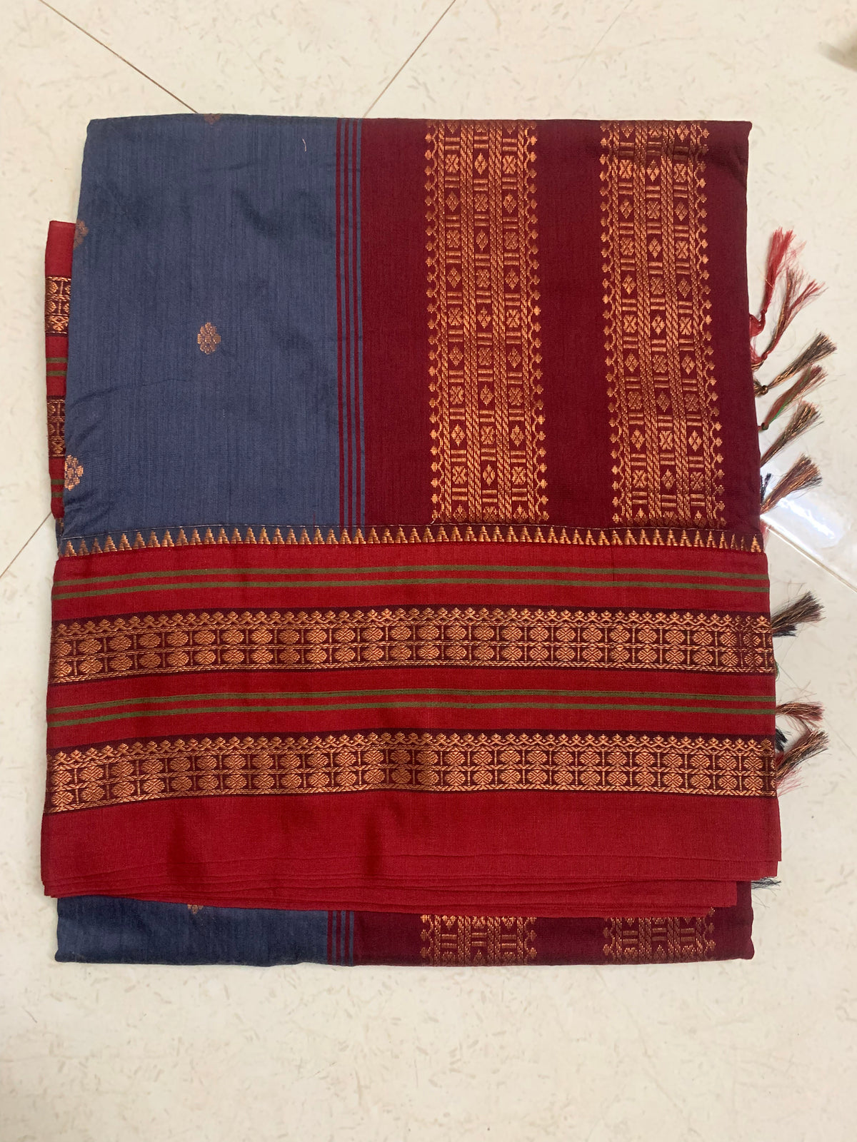 Maroon & Navy Gadhwal Saree with Antique Gold Zari Geometric Borders & Paisley Motifs