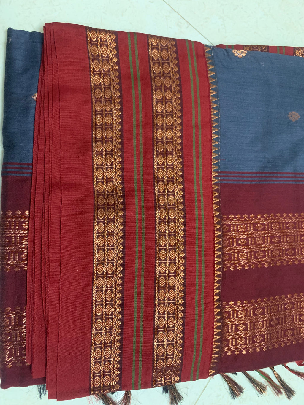 Maroon & Navy Gadhwal Saree with Antique Gold Zari Geometric Borders & Paisley Motifs