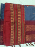 Maroon & Navy Gadhwal Saree with Antique Gold Zari Geometric Borders & Paisley Motifs