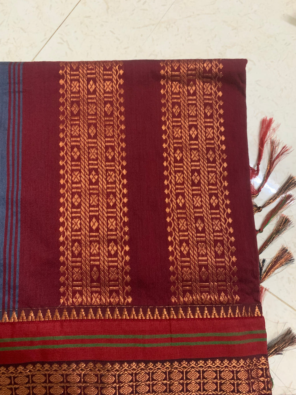 Maroon & Navy Gadhwal Saree with Antique Gold Zari Geometric Borders & Paisley Motifs