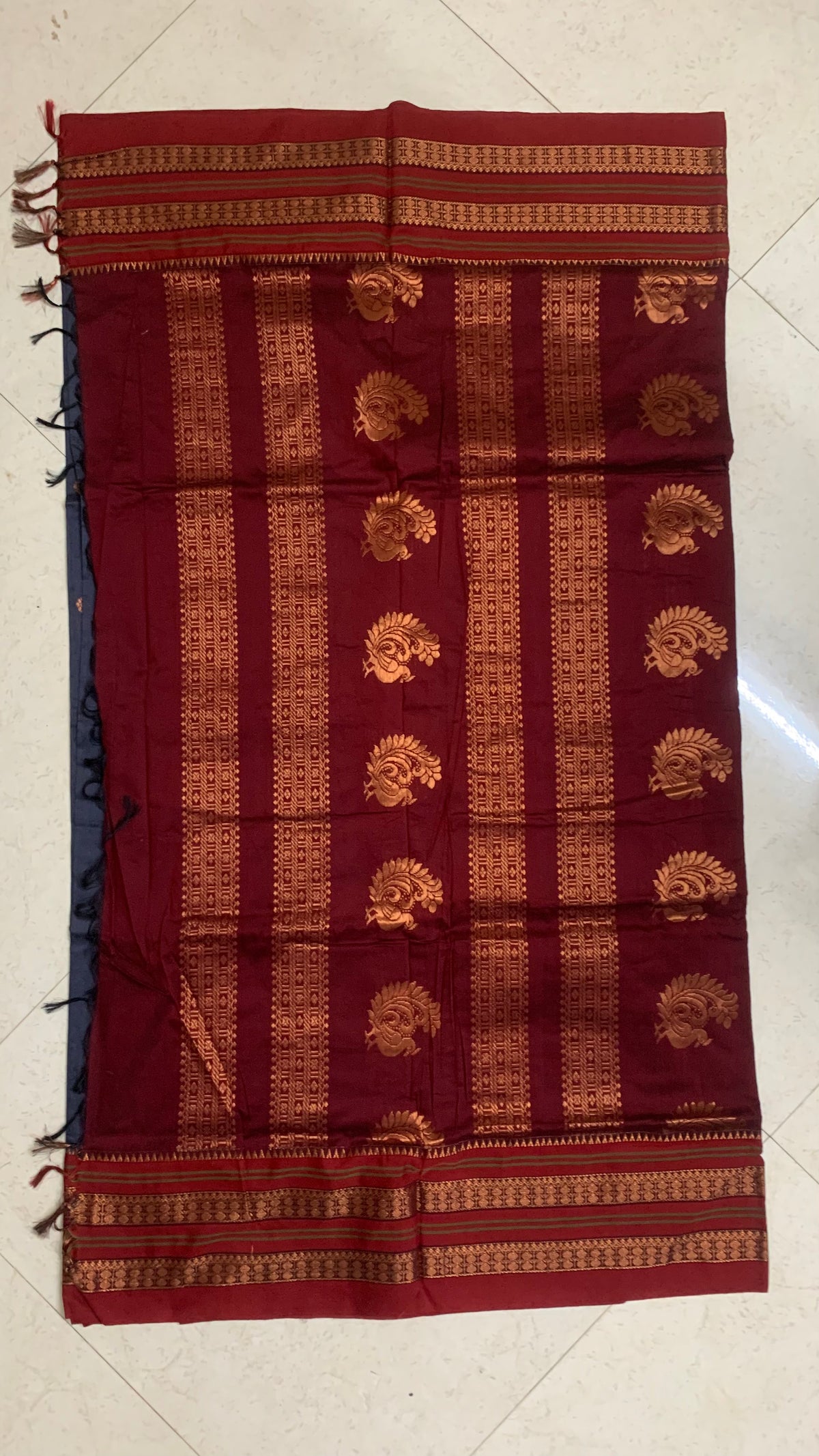 Maroon & Navy Gadhwal Saree with Antique Gold Zari Geometric Borders & Paisley Motifs