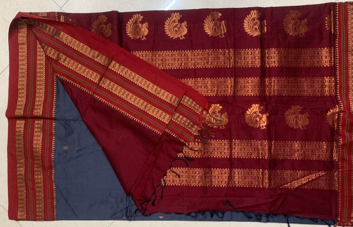 Maroon & Navy Gadhwal Saree with Antique Gold Zari Geometric Borders & Paisley Motifs