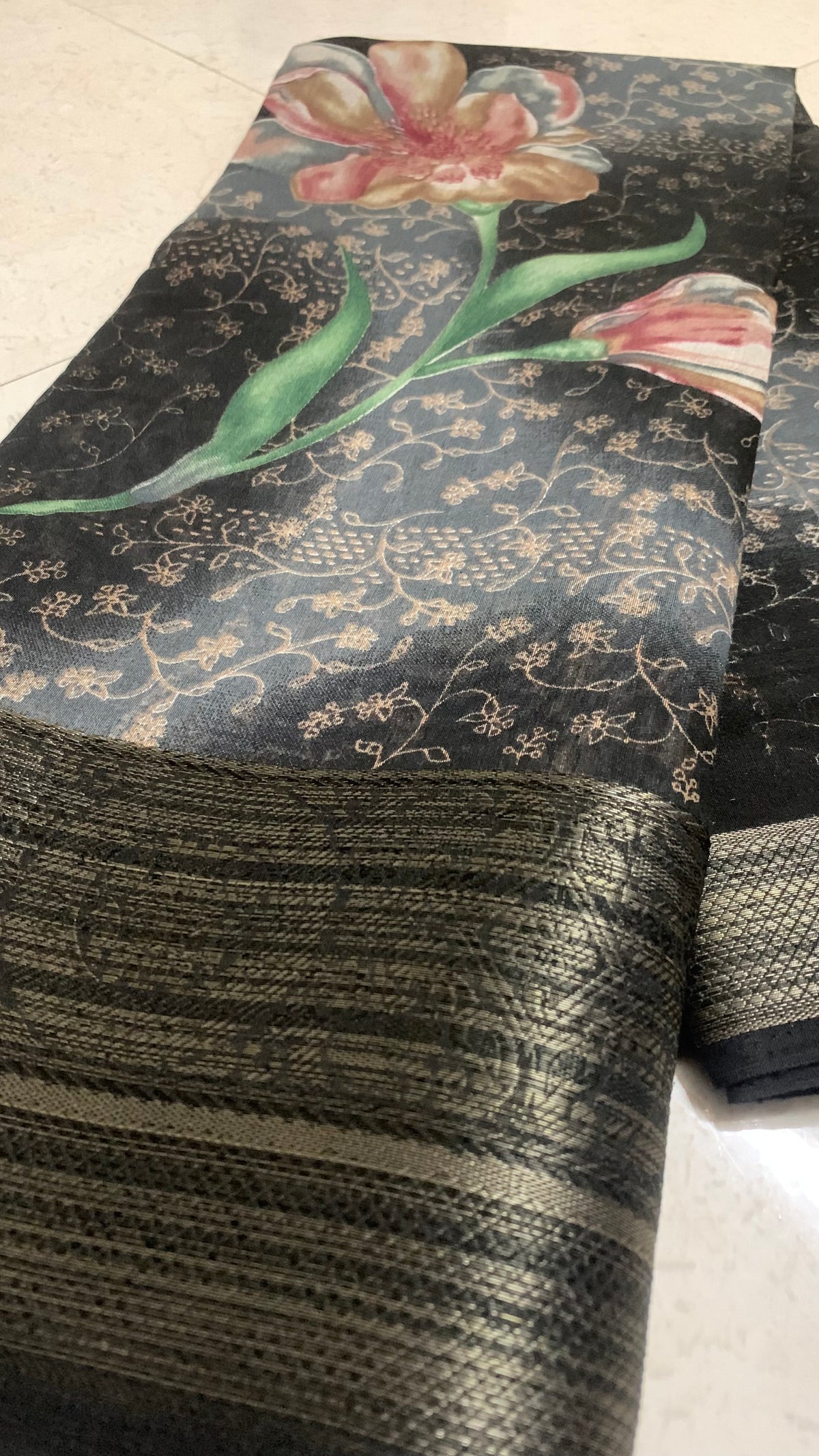 Black Floral Printed Linen Saree with Metallic Woven Border & Striped Pallu