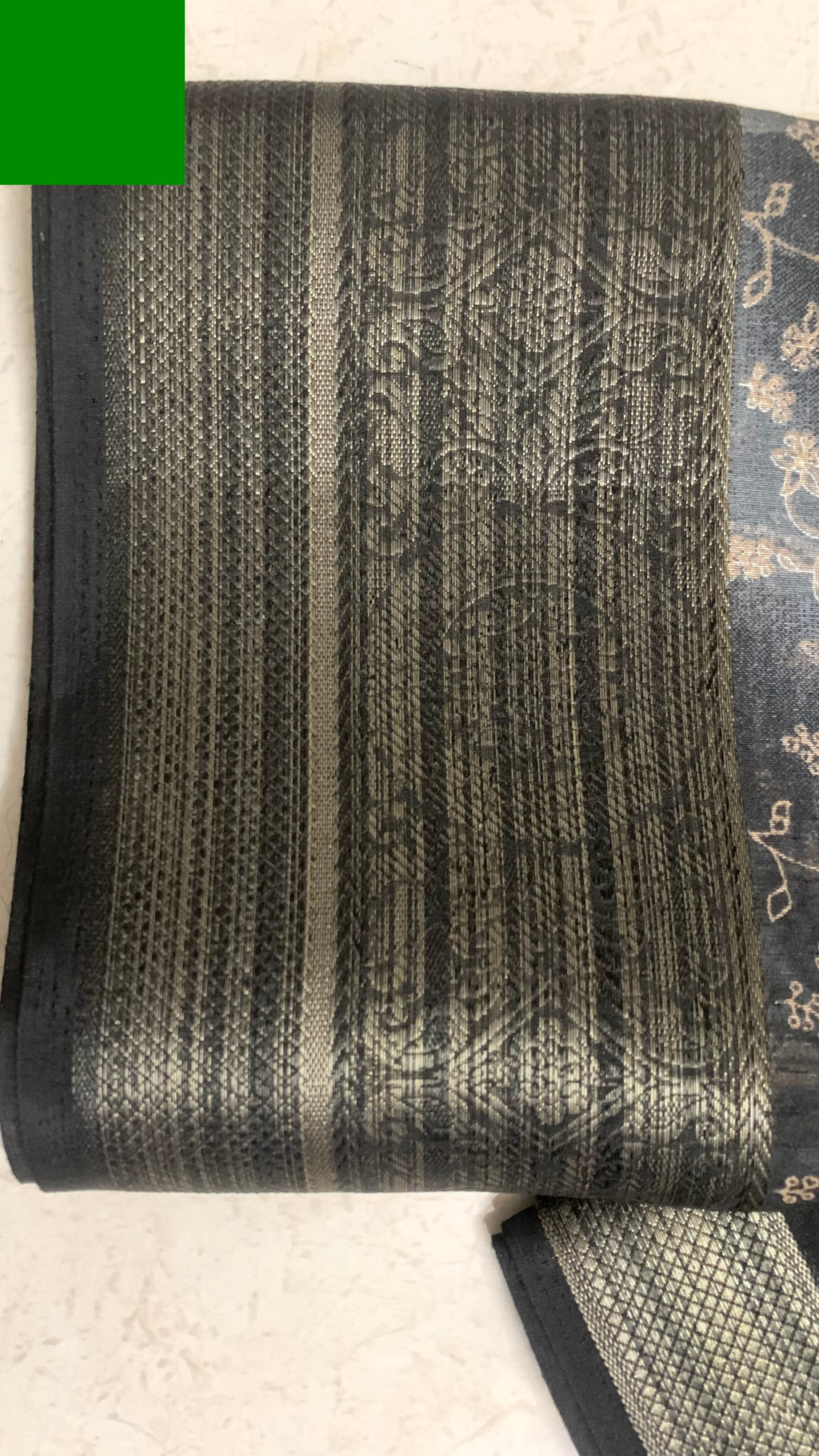 Black Floral Printed Linen Saree with Metallic Woven Border & Striped Pallu