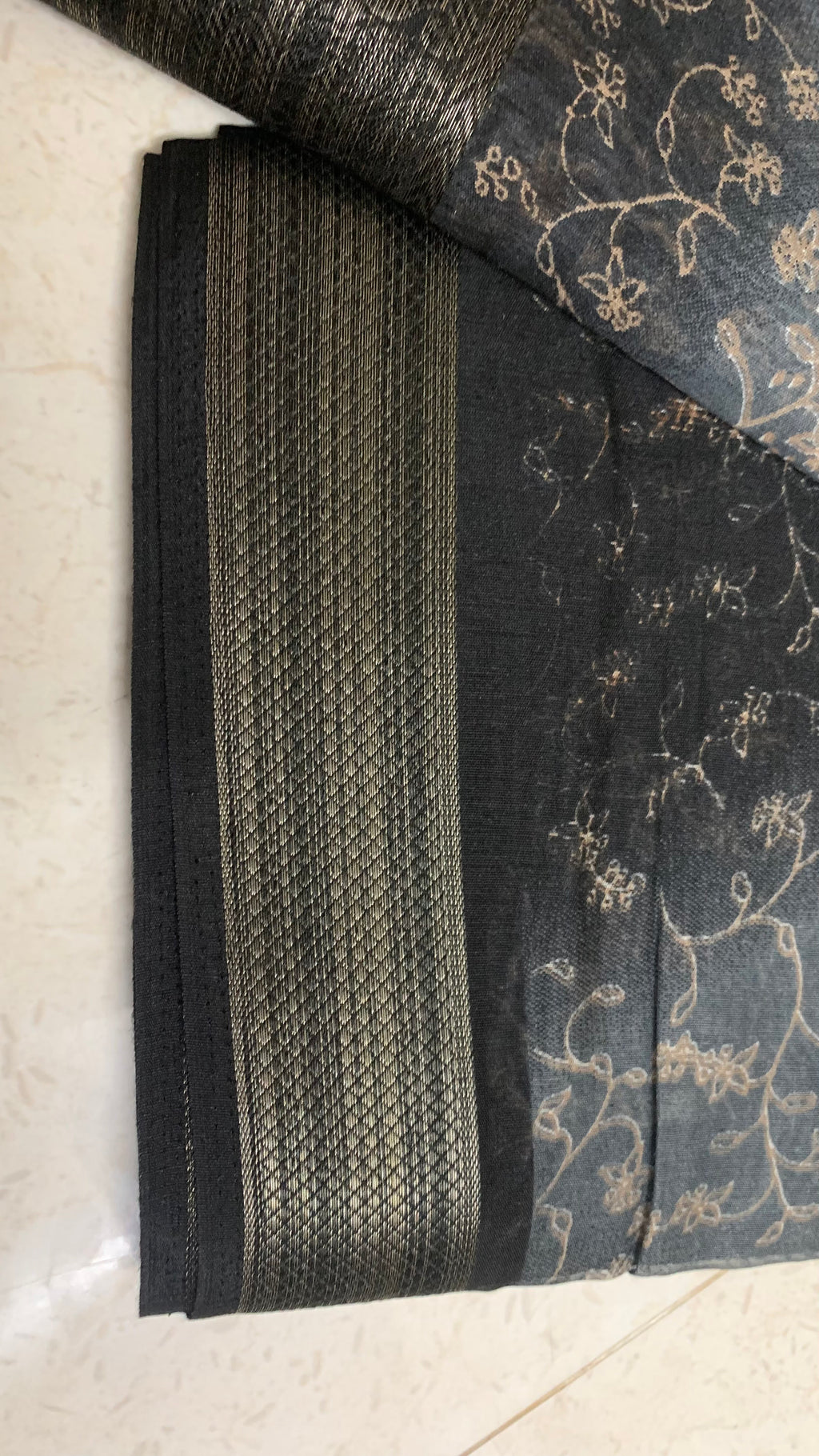 Black Floral Printed Linen Saree with Metallic Woven Border & Striped Pallu