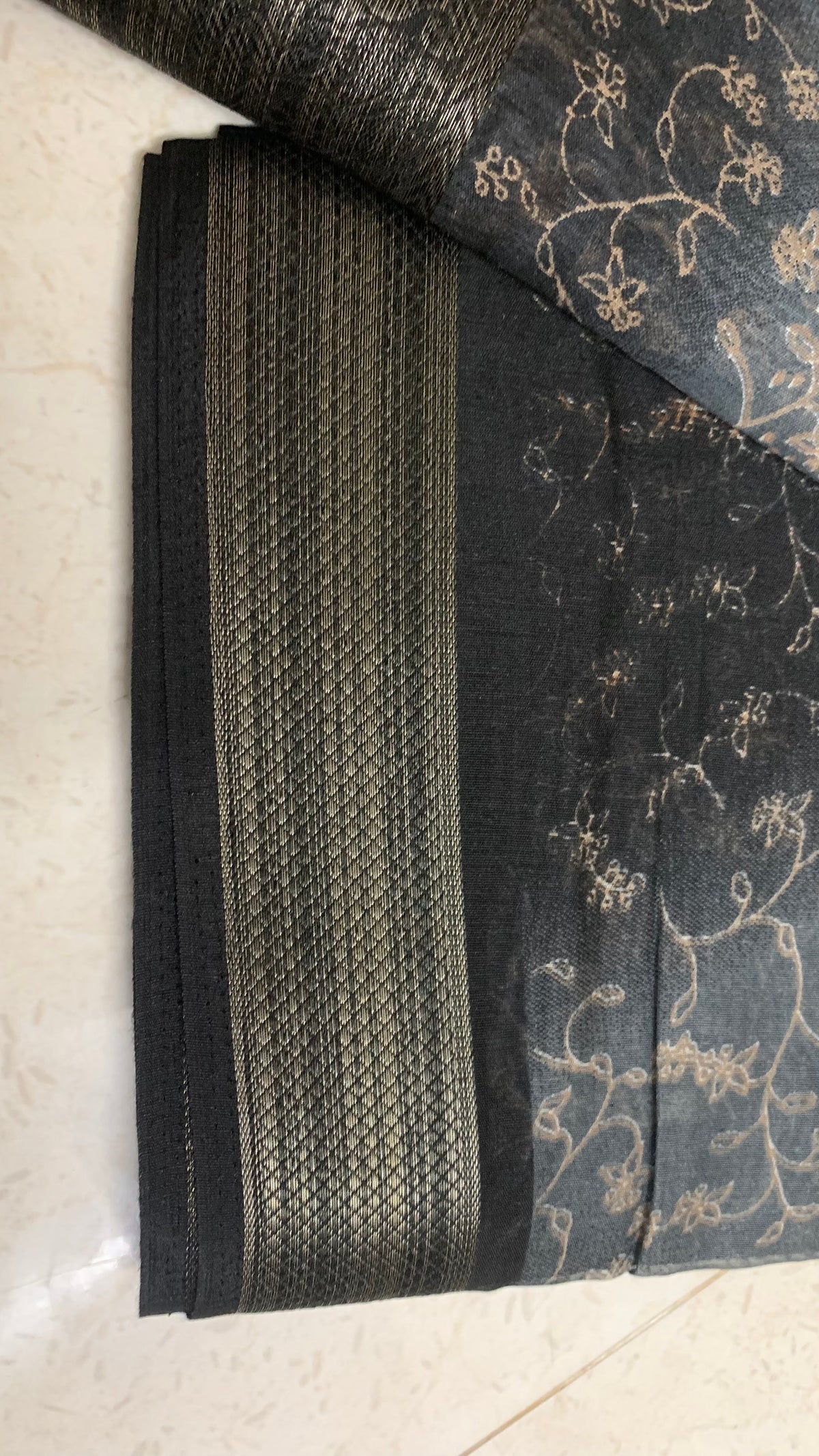 Black Floral Printed Linen Saree with Metallic Woven Border & Striped Pallu