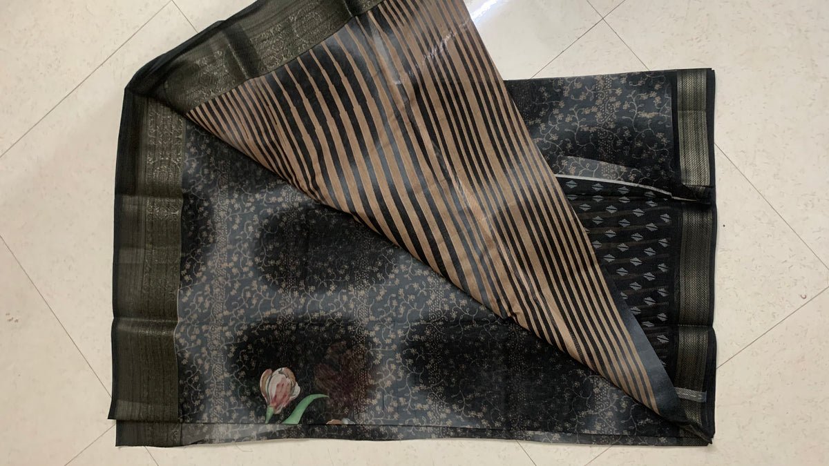 Black Floral Printed Linen Saree with Metallic Woven Border & Striped Pallu
