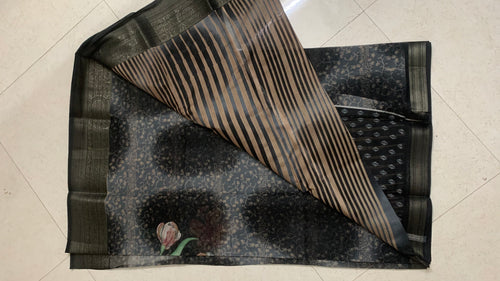 Black Floral Printed Linen Saree with Metallic Woven Border & Striped Pallu