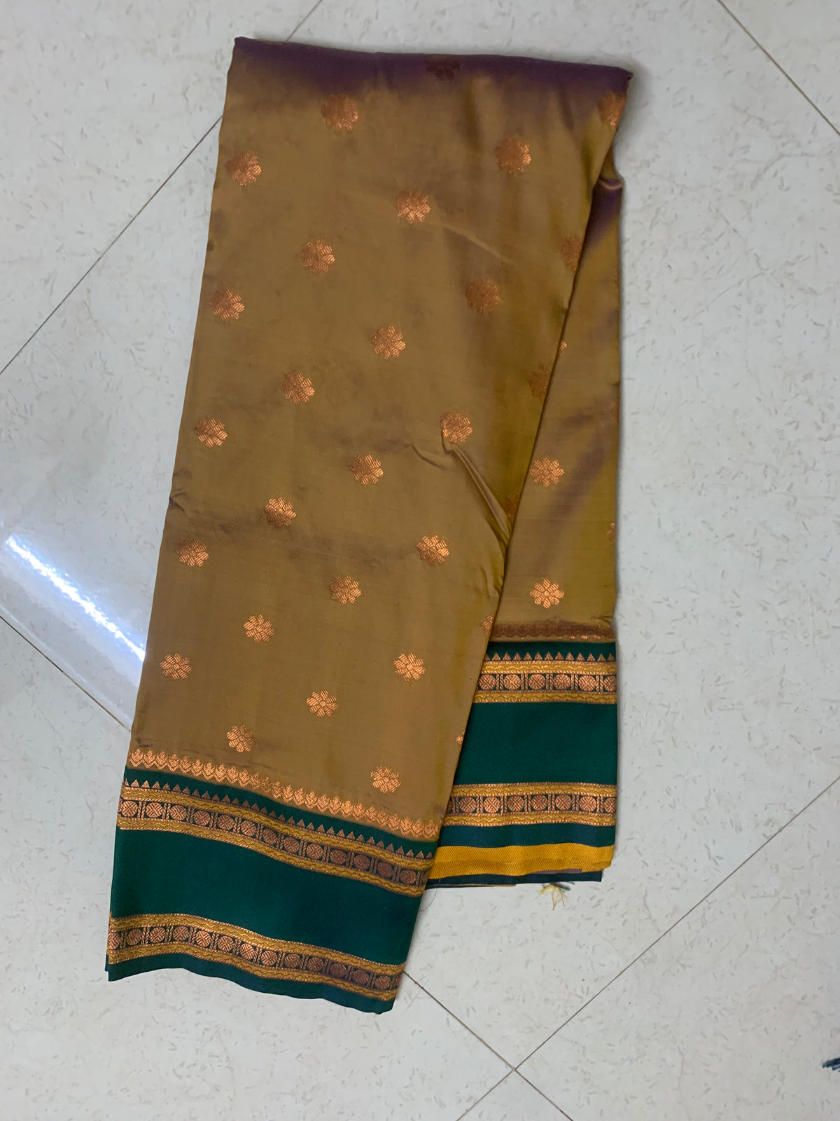 Teal Green & Mustard Gold Narayanpeth Saree with Floral Brocade & Zari Border