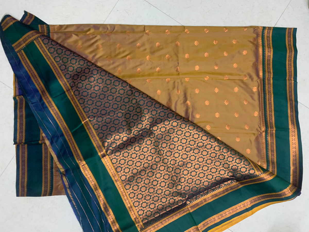 Teal Green & Mustard Gold Narayanpeth Saree with Floral Brocade & Zari Border