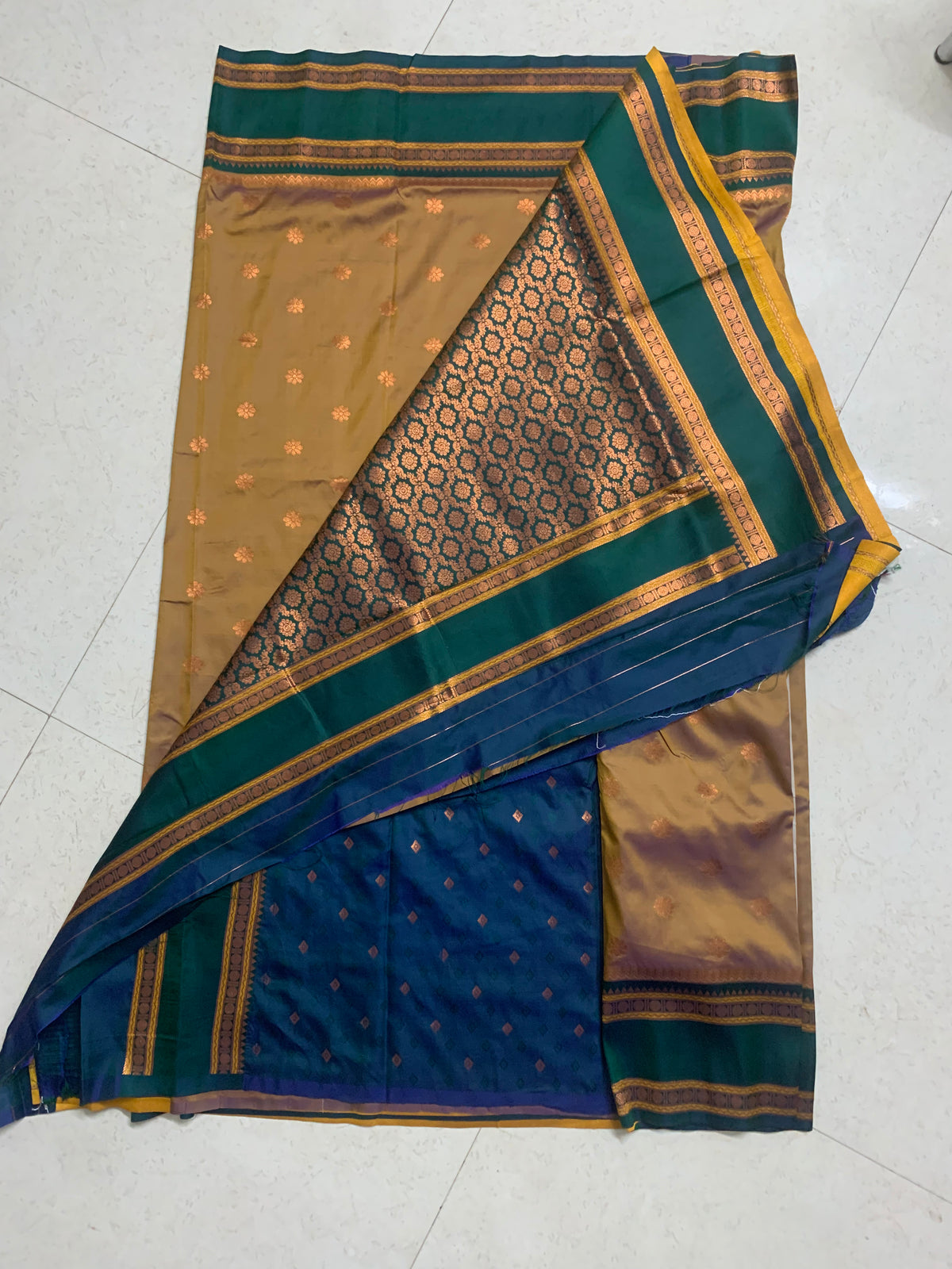 Teal Green & Mustard Gold Narayanpeth Saree with Floral Brocade & Zari Border